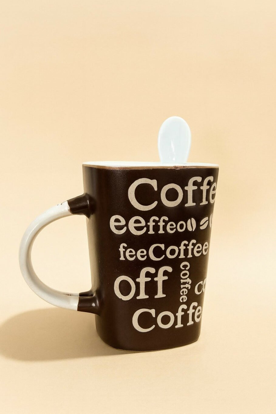 Brown Ceramic Coffee Mug with Spoon – Stylish Printed Coffee & Tea Cup with Handle Slot Spoon | Microwave & Dishwasher Safe Mug for Home, Office & Gifting