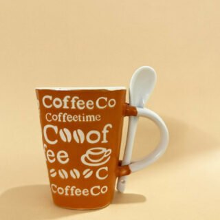 Orange Ceramic Coffee Mug with Spoon – Stylish Printed Tea & Coffee Cup with Handle Slot Spoon | Microwave & Dishwasher Safe Coffee Mug for Home, Office & Gifting