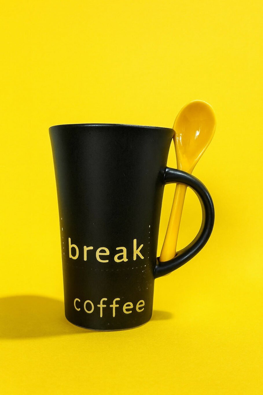 Black Ceramic Coffee Mug with Yellow Spoon – Stylish Coffee Break Printed Tea & Coffee Cup with Handle Slot Spoon | Microwave & Dishwasher Safe Mug for Home, Office & Gifting