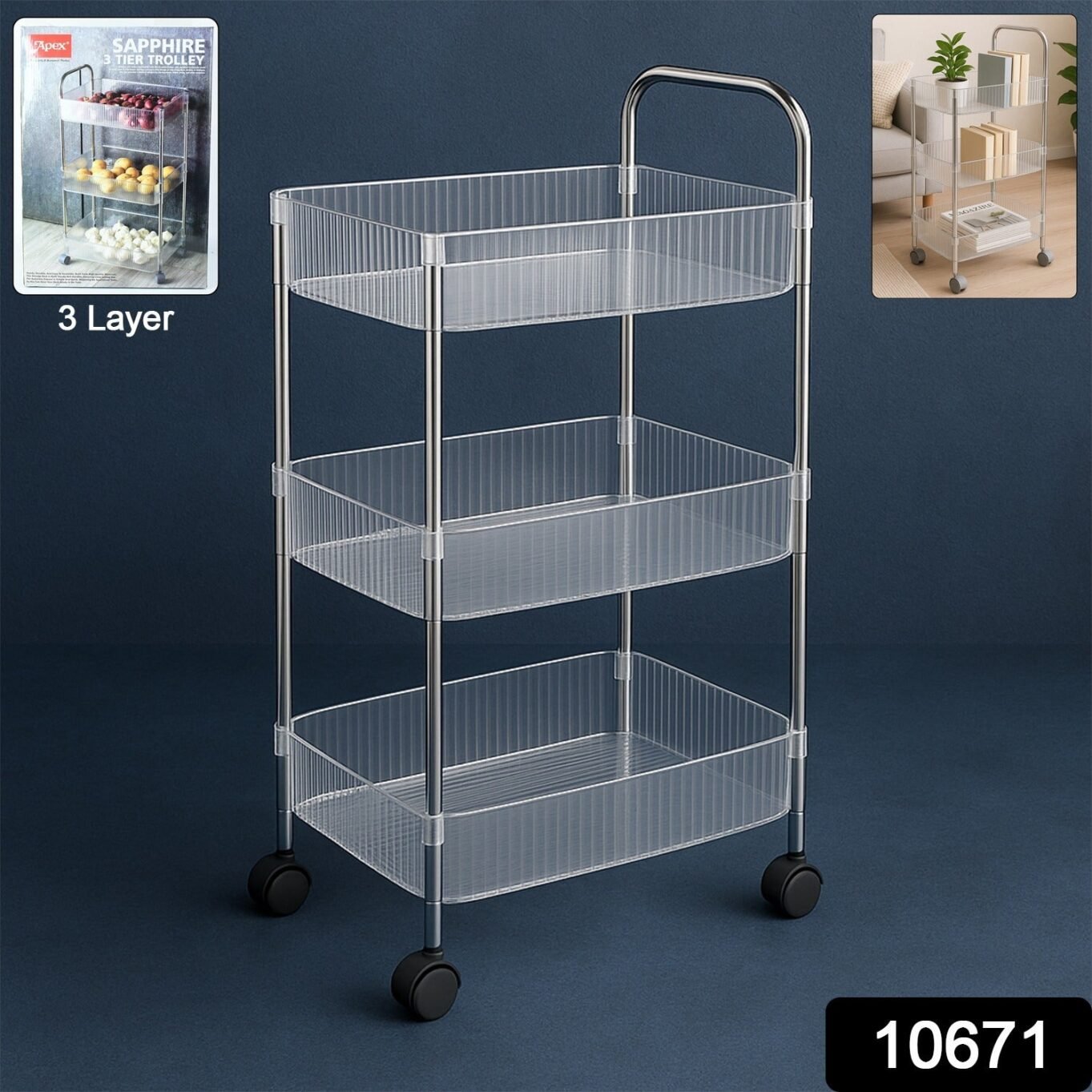Apex Sapphire 3-Layer Multipurpose Storage Trolley with Wheels - Image 2