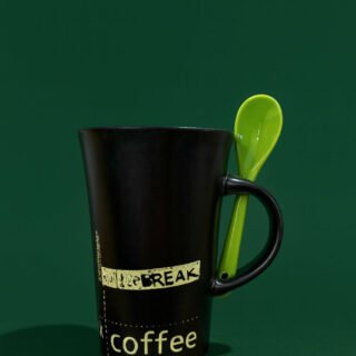 Black Ceramic Coffee Mug with Green Spoon – Stylish Coffee Break Printed Tea & Coffee Cup with Handle Slot Spoon | Microwave & Dishwasher Safe Mug for Home, Office & Gifting