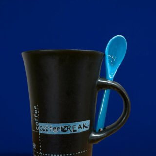 Black Ceramic Coffee Mug with Blue Spoon – Stylish Coffee Break Printed Tea & Coffee Cup with Handle Slot Spoon | Microwave & Dishwasher Safe Mug for Home, Office & Gifting