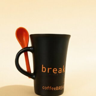 Black Ceramic Coffee Mug with Orange Spoon – Stylish Coffee Break Printed Tea & Coffee Cup with Handle Slot Spoon | Microwave & Dishwasher Safe Mug for Home, Office & Gifting