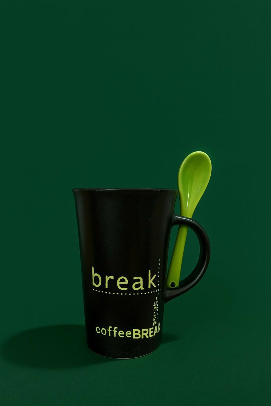 Black Ceramic Coffee Mug with Green Spoon – Stylish Coffee Break Printed Tea & Coffee Cup with Handle Slot Spoon | Microwave & Dishwasher Safe Mug for Home, Office & Gifting - Image 2